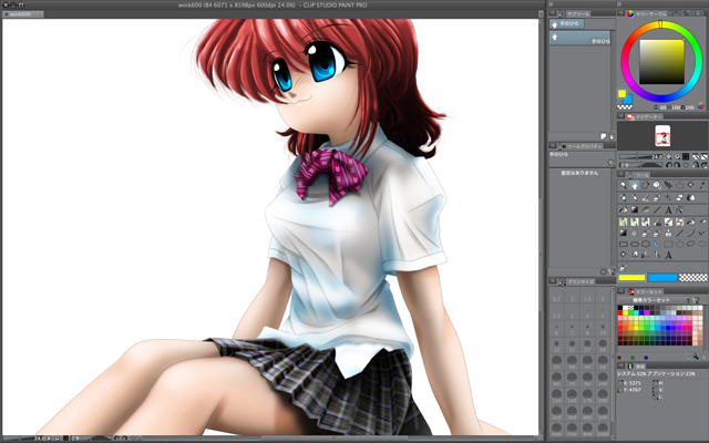 CLIP STUDIO PAINTでの作業画面、クリスタではここまで(^_^;)背景の追加とかライティングの調整、芝や草の追加はPhotoShopで行なうのです(^_^;)そういう装飾系はやはりPhotoShopの方が扱い易い(写真使ってるのもあるし ^_^;)