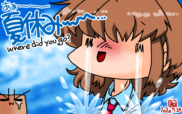 アナログ16色(16colors Dithering)版丿、16色前提で塗っております(^_^;)なるべくお空に色を使いたかったので、髪の陰色とか服とネクタイの陰色はパレット与えず黒のタイルになっております(^_^;)