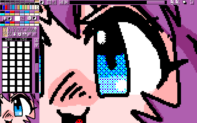 マルチペイント(MPS.EXE Ver1.01)画面、目の周りの塗り方は前回と変えてたりします(^_^;)なるべく16色っぽくしようと…(なんやそれっ!w)