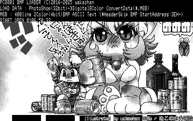【デジタル8色アナログ16色】「ぬこの水分補給」PC8801(SCREEN2)展開中の画面