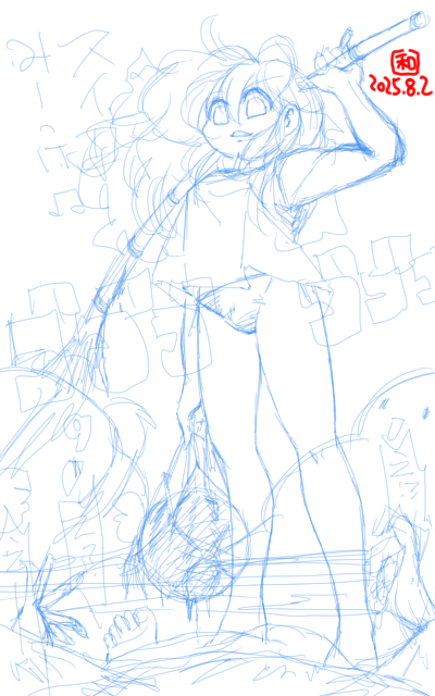 【デジタル8色アナログ16色】「スイカ割り少女」下描き版