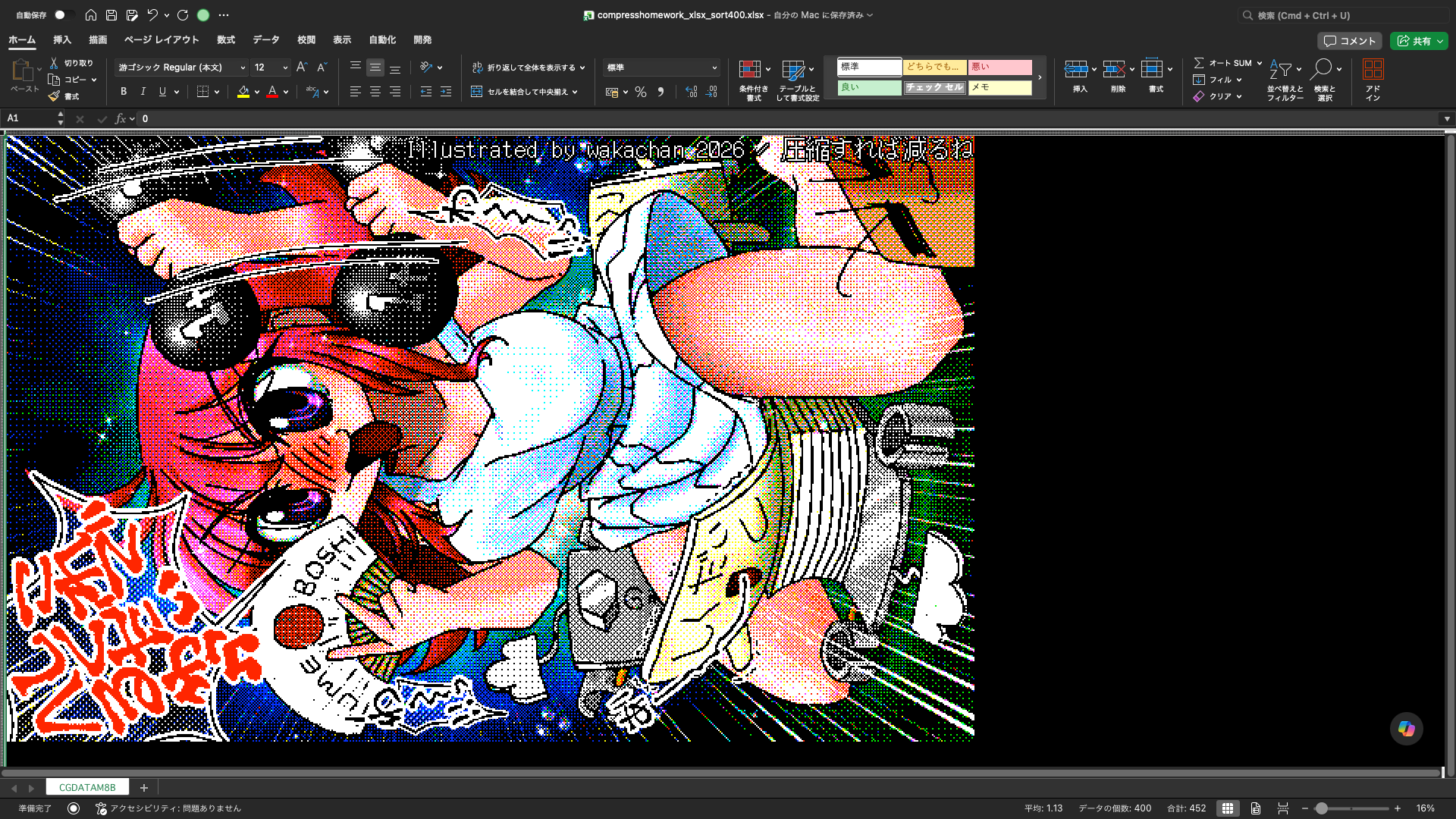 【ExcelArt(エクセルアート)】「圧縮すれば減るね」Excel展開中の画面、640×400(PC9801)画面のExcel展開