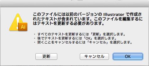 このファイルには以前のバージョンのIllustratorで作成されたテキストが含まれています。このファイルを編集するにはテキストを更新する必要があります。