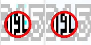 左の絵が正しい縁取り(「1」の出っ張ってるトコの下)、それが右のように長方形ドットになっていなかったヽ(^.^;)丿この縁取り、実は手でドット打ちしてるので間違い易いのは確かである…(^_^;)
