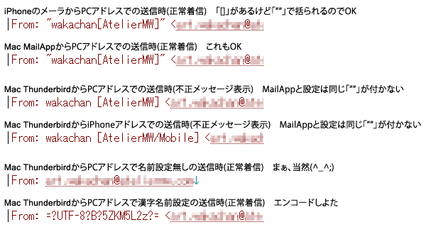 上2つと下2つのFrom:ヘッダが送信正常時のモノ、中間の2つが失敗時のモノ…違いはquoted-stringかどうかの差…iPhoneのメーラやMacのMailAppはquoted-stringにしてくれてたので、Thunderbirdに移行した際に全く意識してなかった…(^_^;)