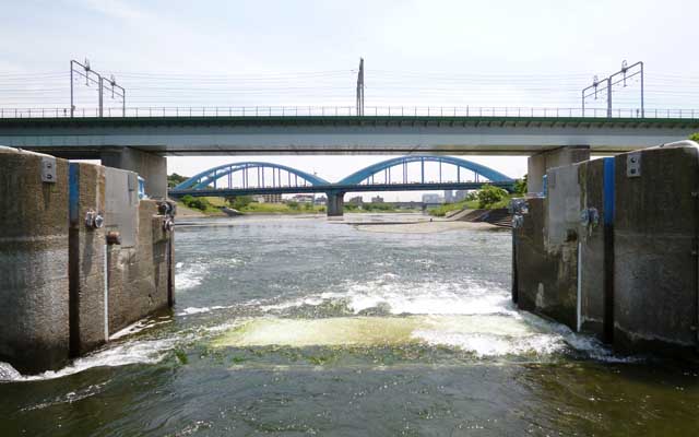 【多摩川川縁散歩】2018年5月21日 やはり同じく水門の近くまで向こうの橋もうまく真ん中に出来れば左右対称みたいなのが…でもそれをやろうとしたら片足を水没させねばならんw