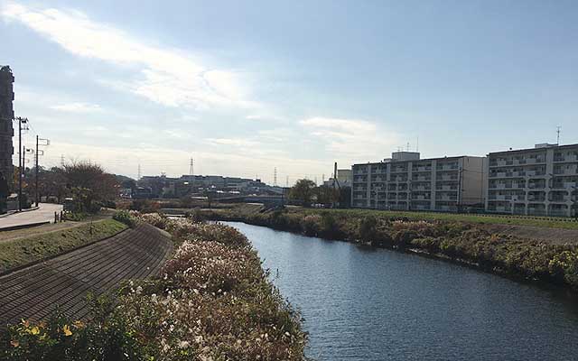手前は矢上川、左に折れた先は鶴見川合流点、ここは川崎市と横浜市の市境(^_^;)