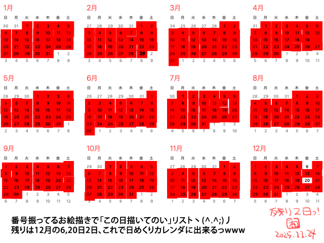 残すは12月の2日分、丁度土曜だから、何事もなければなんとか埋められる…ハズ(^_^;)